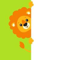 Funny lion. Cute cartoon character holding white blank poster. With place for text. Colored vector illustration.