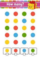 Counting game for children. Happy characters. Learning mathematics. How many object in the picture. Education worksheet. With space for answers. Isolated vector illustration in cute cartoon style.