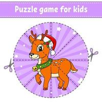 Cut and play. Round puzzle deer. Logic puzzle for kids. Activity page. Cutting practice for preschool. cartoon character. Christmas theme. vector