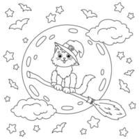 A cat in a witch hat flies on a broomstick. Coloring book page for kids. Cartoon style character. Vector illustration isolated on white background.