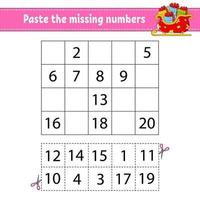 Paste the missing numbers 1-20. Game for children. Handwriting practice. Learning numbers for kids. Education developing worksheet. Activity page. Isolated vector illustration in cute cartoon style.