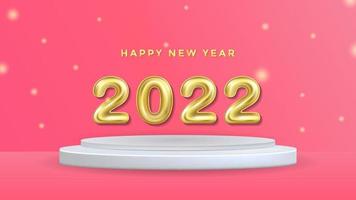 Happy New Year 2022 Background Template on podium. Romantic Holiday Vector Illustration of 3D Balloon Numbers 2022. Minimalistic 2022 Gold Helium Balloon Numbers Background