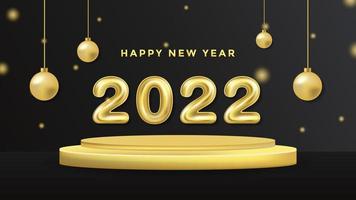 Feliz año nuevo 2022 plantilla de fondo en el podio. Ilustración de vector de vacaciones de lujo de números de globo 3d 2022. fondo de números de globo de helio de oro de lujo 2022
