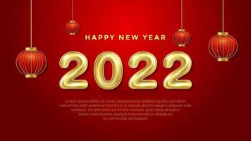Happy New Year 2022 Background Template with Red Chinese Lantern. Holiday Vector Illustration of 3D Balloon Numbers 2022. Realistic 2022 Gold Helium Balloon Numbers Background