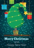 una tarjeta navideña con un árbol de Navidad inusual y regalos en una cuerda. ilustración vectorial. vector