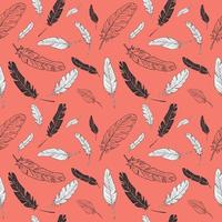 Seamless vector background with different feathers. Stock vector. Orange background.