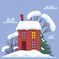 Red Scandinavian two story house on a snowy landscape. Winter landscape. New Year's comfort. vector