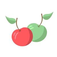 Two apples with leaves, red and green. vector