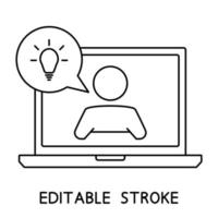 Live webinar icon. Laptop with man and speech bubble. Online communication, chatting. Concept illustration for assistance, call center, virtual help service. Customer support. Quick tip icon vector