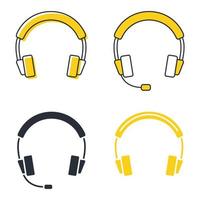 Earphones in glyph, icons set. Headset in silhouette. Headphones with microphone, can be used for listening music, customer service or support, online events vector