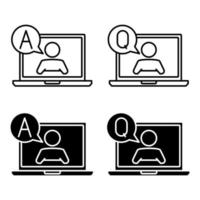 Question and answer support icons. Simple flat symbol of laptop computer. Man on the laptop monitor with speech bubbles. Online question line icon. Ask help sign. Outsource support symbol vector