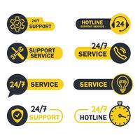 soporte técnico global en línea 24 en 7 botones. botones de ayuda y soporte de la línea directa. símbolos de asistencia, centro de llamadas, servicio de ayuda virtual. concepto de consulta. asistente en línea vector