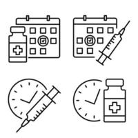 Medical vial and syringe with timer. Vaccination schedule line icon. Second injection time symbol. Immunization concept. Antiviral medical concept vector