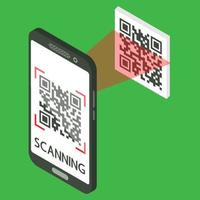 escanee el código qr con el teléfono móvil. teléfono inteligente isométrico con código qr en pantalla. proceso de escaneo. código de barras legible por máquina en la pantalla del teléfono inteligente vector