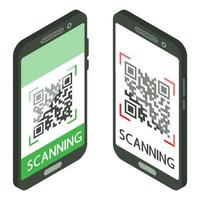 escanee el código qr con el teléfono móvil. teléfono inteligente isométrico con código qr en pantalla. escaneos de proceso. código de barras legible por máquina en la pantalla del teléfono inteligente vector