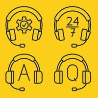 Hotline support service with headphones. Concept of consultation, telemarketing, assistance, call center, virtual help service. Help and Support hotline buttons. Headset icons. Editable stroke vector