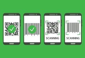 escanee el código qr con el teléfono móvil. escaneos de código qr completados. código de barras legible por máquina en la pantalla del teléfono inteligente. concepto de verificación o pago. vector