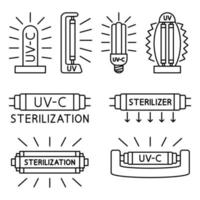 Ultraviolet, disinfection lamp. Information signs for packaging markings with UV devices inside. Set of UV lamps. UV-C sterilizer and disinfection devices. Vector line icons