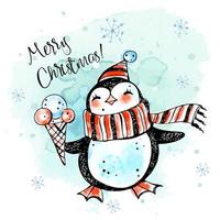 Feliz Navidad. un pingüino alegre con sombrero y bufanda con helado. tarjeta de año nuevo. gráficos de acuarela. vector