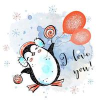 Merry Christmas.  A cheerful penguin in a hat and scarf with a lollipop and a Christmas toy. New Year's card. Watercolor graphics. Vector