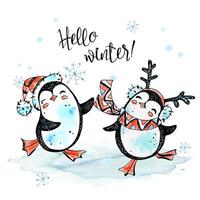 Hola invierno. pingüinos de feliz navidad con sombreros bailando. tarjeta de año nuevo. gráficos de acuarela. vector