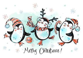 Merry Christmas penguins are dancing. New Year's card. Watercolor graphics. Vector