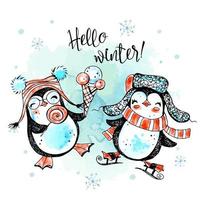 Hello winter. Funny New Year penguins in hats. New Year's card. Watercolor graphics. Vector