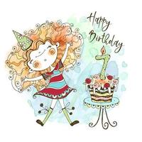 A greeting card with a cute red-haired girl and a big cake for her seventh birthday, made in watercolor technique and in the style of doodles. Vector. vector