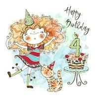 A greeting card with a cute red-haired girl and a big cake for the fourth anniversary, made in watercolor technique and in the style of doodles. Vector. vector