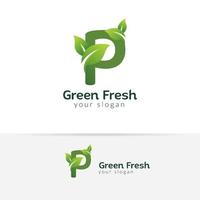 Eco green letter P logo design template. Green alphabet vector designs with green and fresh leaf illustration.