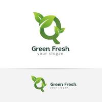 Plantilla de diseño de logotipo eco verde letra q. diseños de vector de alfabeto verde con ilustración de hoja verde y fresca.