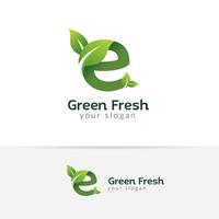 Plantilla de diseño de logotipo eco verde letra e. diseños de vector de alfabeto verde con ilustración de hoja verde y fresca.