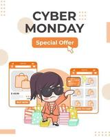 Cyber monday sale banner template with a cute girl shopping online cartoon illustration vector