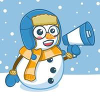 lindo muñeco de nieve con personaje de dibujos animados de megáfono vector