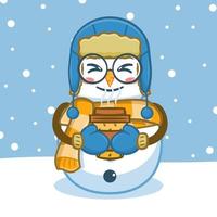 Cute snowman holding a cup of coffee cartoon character vector