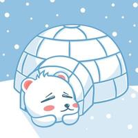 lindo oso polar durmiendo en la ilustración de dibujos animados iglú vector