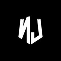 Cinta del logotipo de la letra del monograma de nj con estilo de escudo aislado sobre fondo negro vector