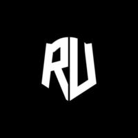 RU monogram letter logo ribbon with shield style isolated on black background vector