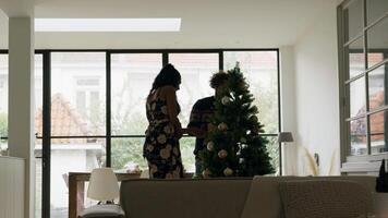 mulher e homem decorando árvore de natal com luzes video