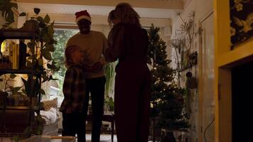 hombre con sombrero de navidad y niña y mujer decorando el árbol de navidad video