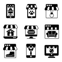 tienda en línea y conjunto de iconos de glifos de compras vector