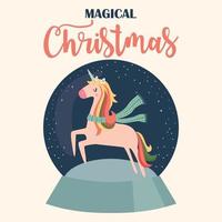 tarjeta de navidad con bola de nieve y unicornio