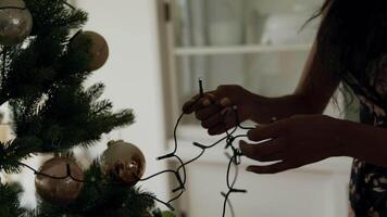 mujer y hombre, decorar, árbol de navidad, con, luces video