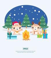 Flat Illustration, reindeer, christmas tree and gifts vector