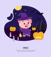 ilustración plana, halloween con cerdo y calabaza para diseño web, aplicación, infografía, impresión, etc. vector