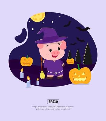 Flat illustration, Halloween with pig and pumpkin for design web, app, infographic, print, etc