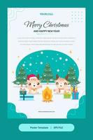 Ilustración plana, plantilla de póster con renos, árbol de navidad y regalos.