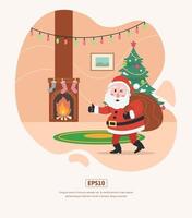 Flat Illustration, santa claus, christmas tree and gifts vector