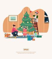 ilustración plana familia de navidad arreglando el árbol de navidad vector