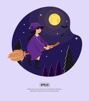 Ilustración plana, halloween con escoba voladora de bruja para diseño web, aplicación, infografía, impresión, etc. vector